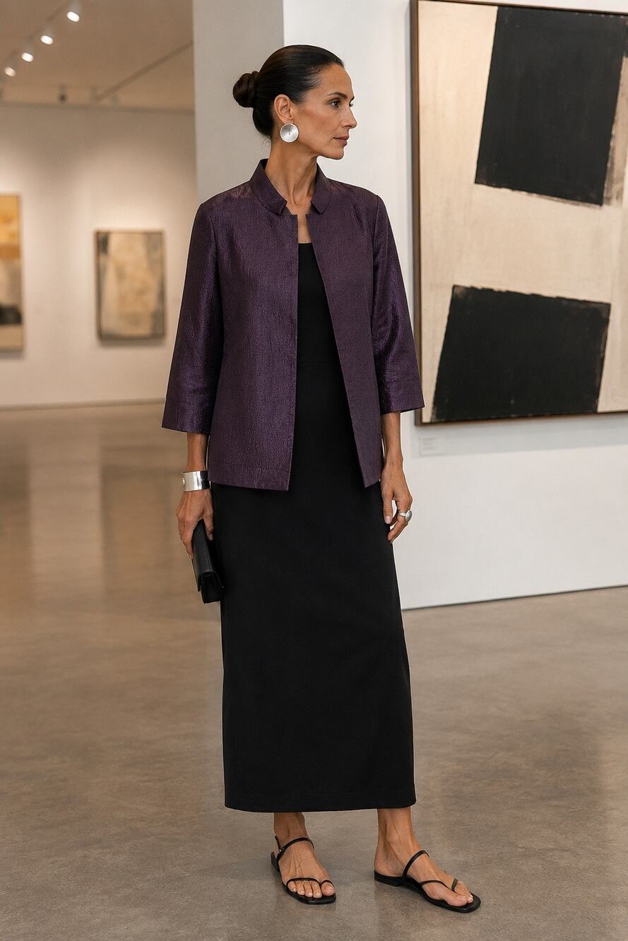 Eileen Fisher 100% Silk Plum Textured Jacket Quiet Luxury Art Gallery Size Small